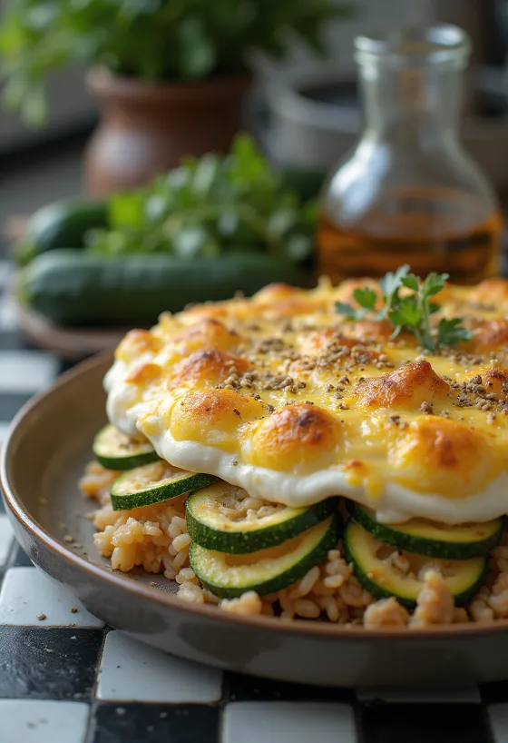 Gratin de courgettes au porc doré au four