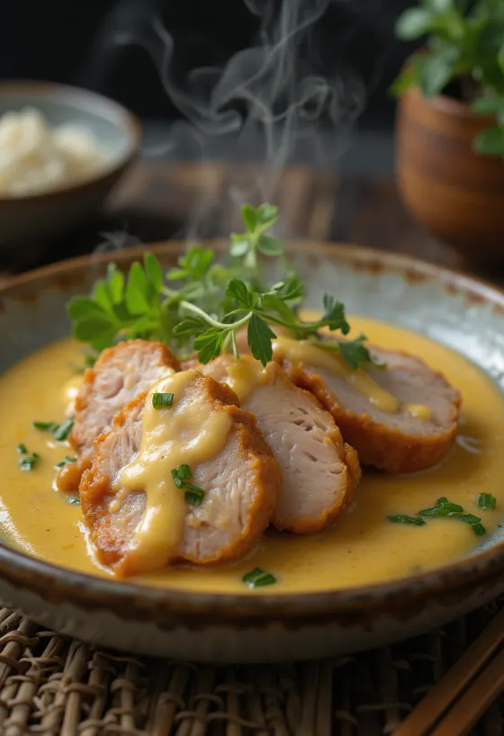 Carré de porc servi dans une sauce à la moutarde