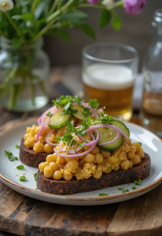 Smørrebrød sur pain de seigle garni de salade de pois chiches et herbes