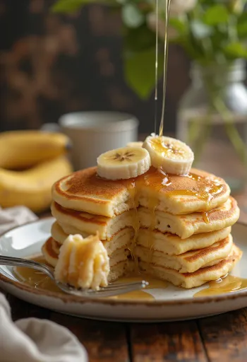 Pancakes à la banane servis avec fruits frais et miel.