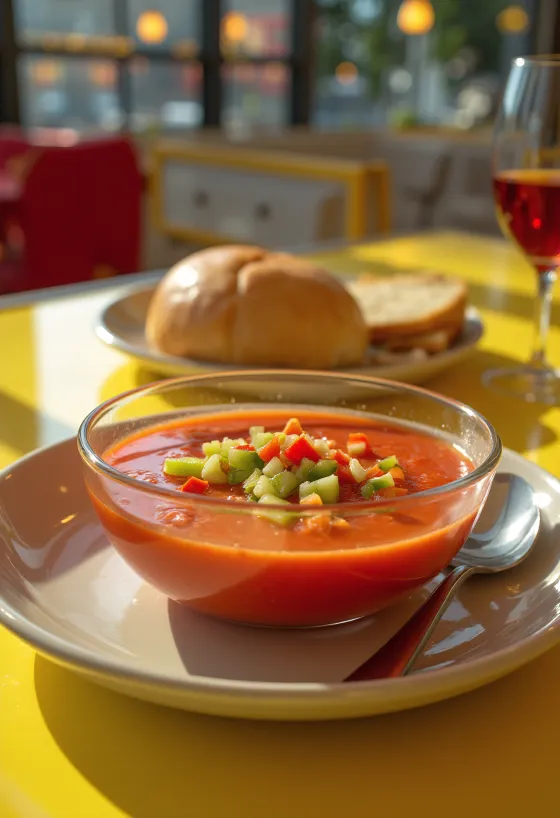 Gaspacho frais servi glacé, décoré de légumes finement coupés