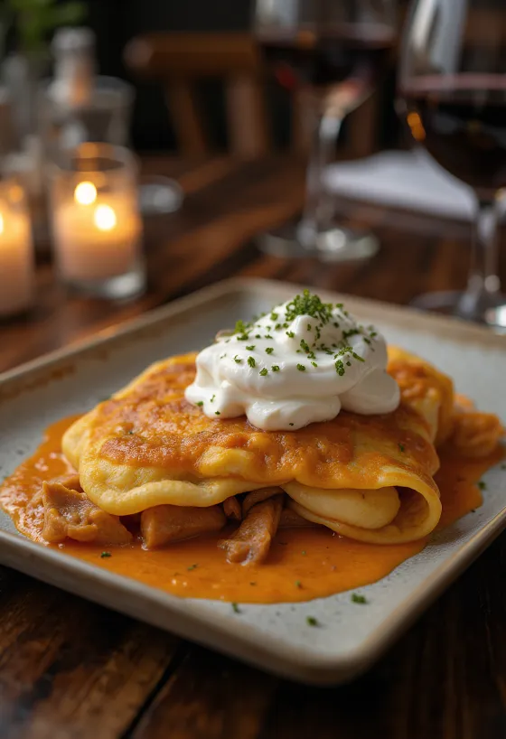 Crêpes à la viande Hortobágy servies avec de la crème fraîche et du persil frais.