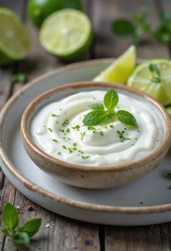 Sauce yaourt coriandre et citron vert servie dans un bol avec de la coriandre fraîche et des tranches de citron vert.