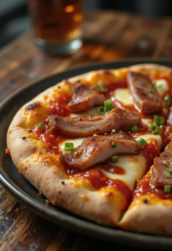 Pizza chinoise au porc Char Siu servie