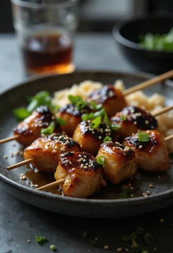 Shiro yakitori aux abats de poulet, servi avec sésame et oignon nouveau