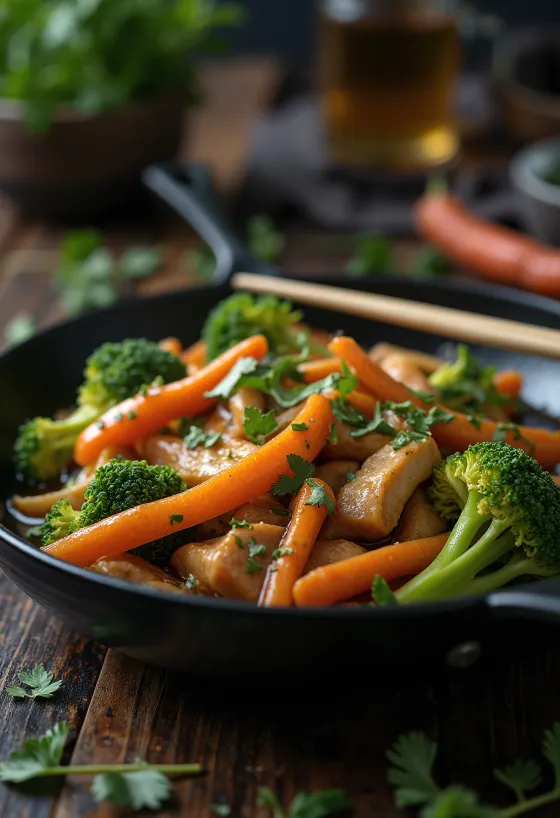 Poulet thaï sauté aux légumes servi