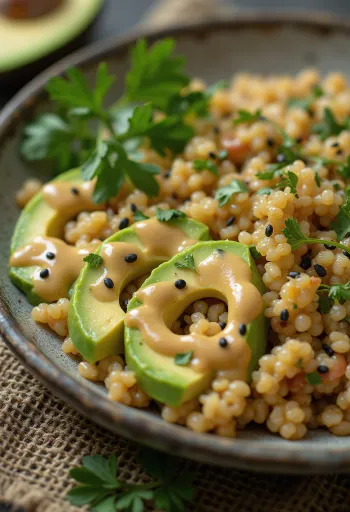 Buddha bowl au quinoa et avocat avec tahini au curry servi