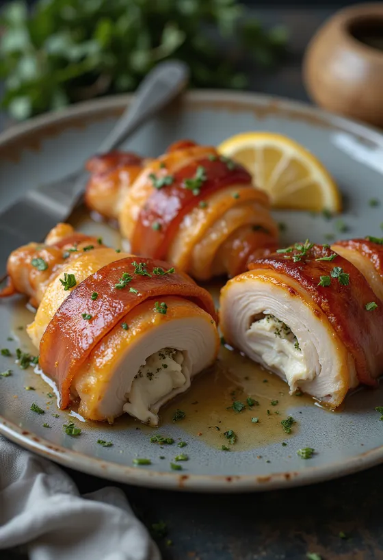 Blanc de poulet bardé de lard servi avec des légumes vapeur