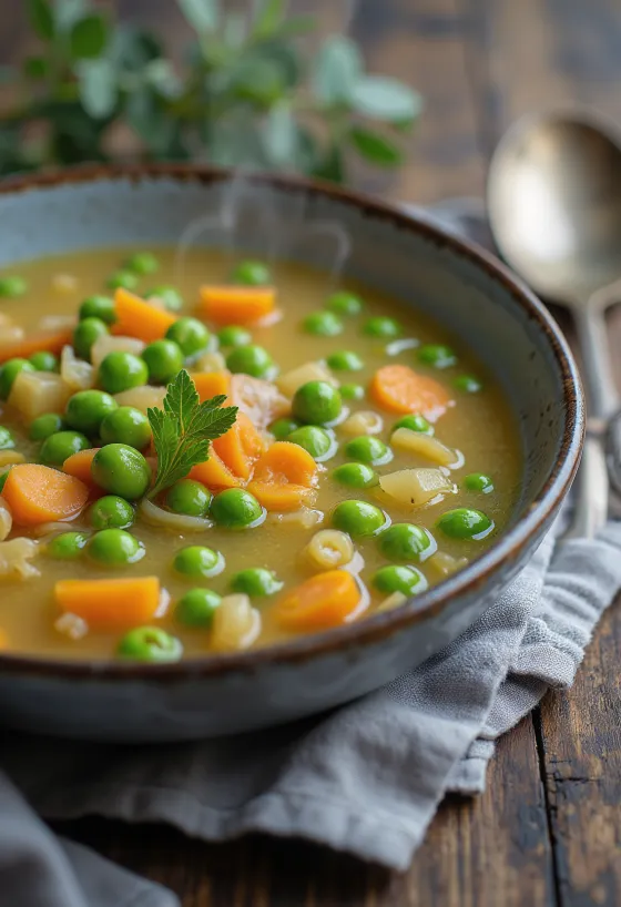 Soupe aux petits pois fraîche décorée de légumes croquants et de persil