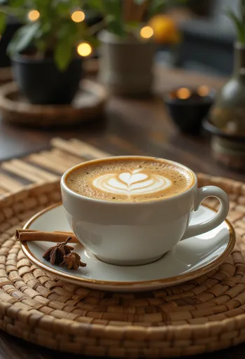 Boisson café latte cannelle-clou de girofle décorée de bâton de cannelle et de chantilly