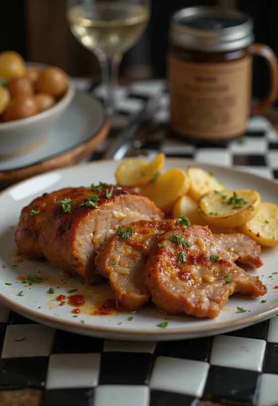Échine de porc à l'ail rôtie croustillante, servie avec herbes fraîches