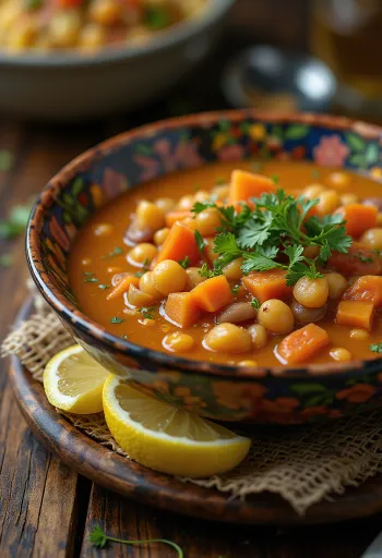 Harira aux légumes, servie avec de la coriandre fraîche