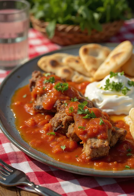 Iskender kebab sauce tomate épicée servi avec une sauce yaourt à l'ail et du pain pita grillé