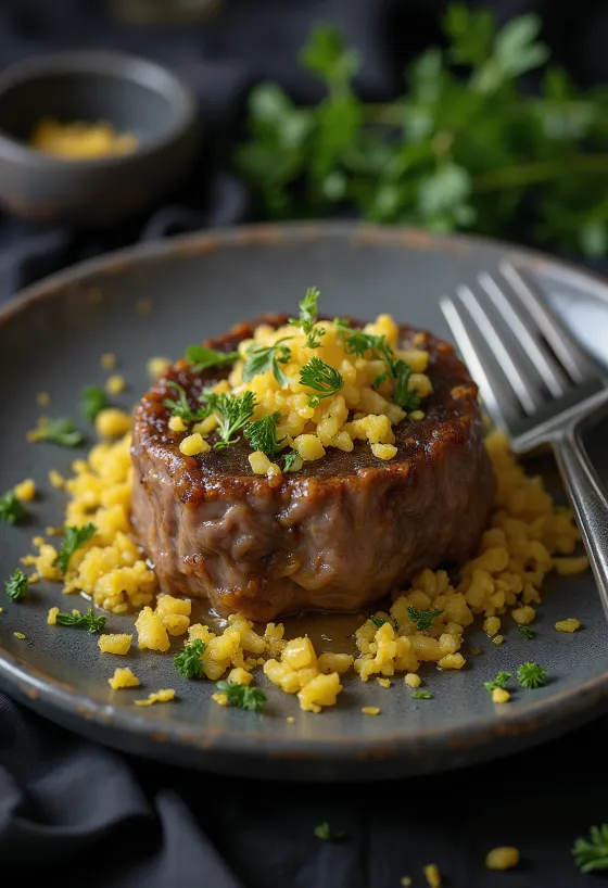 Osso buco au zeste de citron, servi avec gremolata, jarret de veau juteux en sauce aux légumes