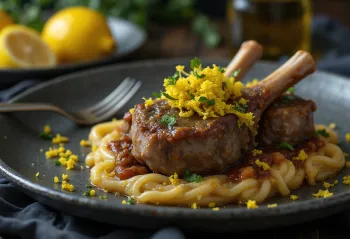 Osso buco au zeste de citron, servi avec gremolata, jarret de veau juteux en sauce aux légumes
