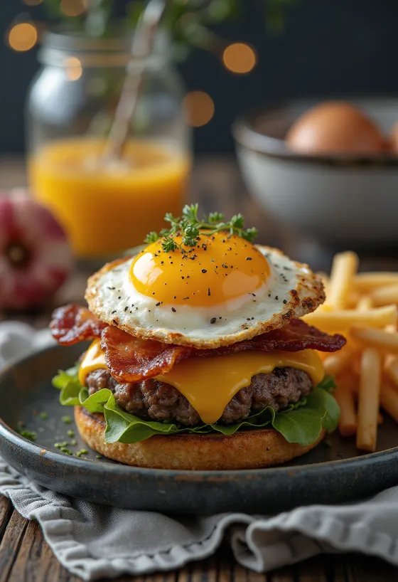 Hamburger petit-déjeuner avec bacon et œuf