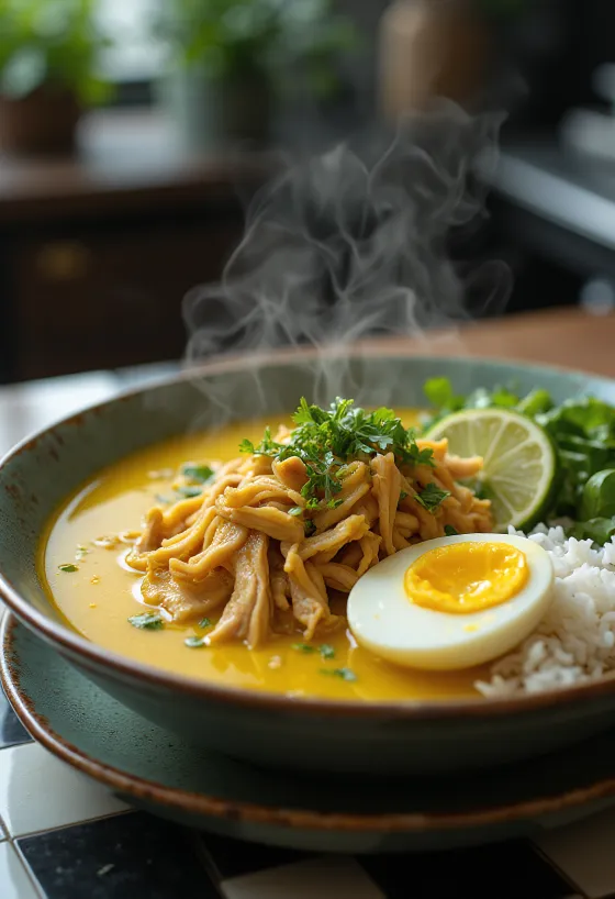 Bol de soupe jaune Soto Ayam avec riz, œuf et herbes