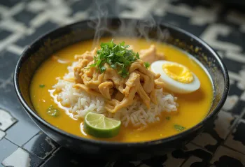Bol de soupe jaune Soto Ayam avec riz, œuf et herbes