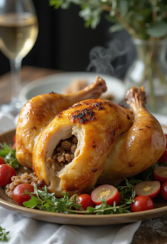 Poulet farci servi avec une farce savoureuse et une peau rôtie croustillante