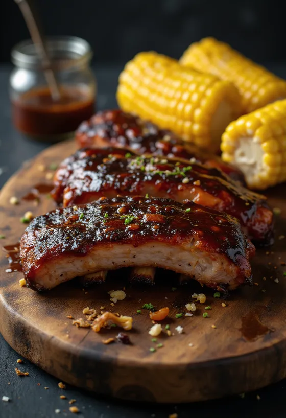 Travers de porc BBQ servis avec du maïs