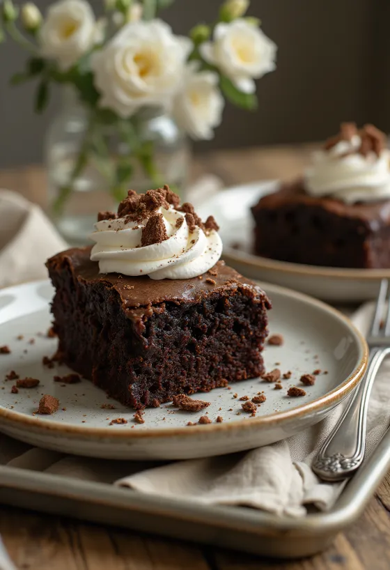 Gâteau brownie au chocolat avec chantilly et copeaux de chocolat