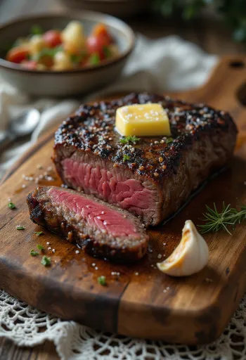 Steak de koudou servi avec des quartiers de citron et des légumes.