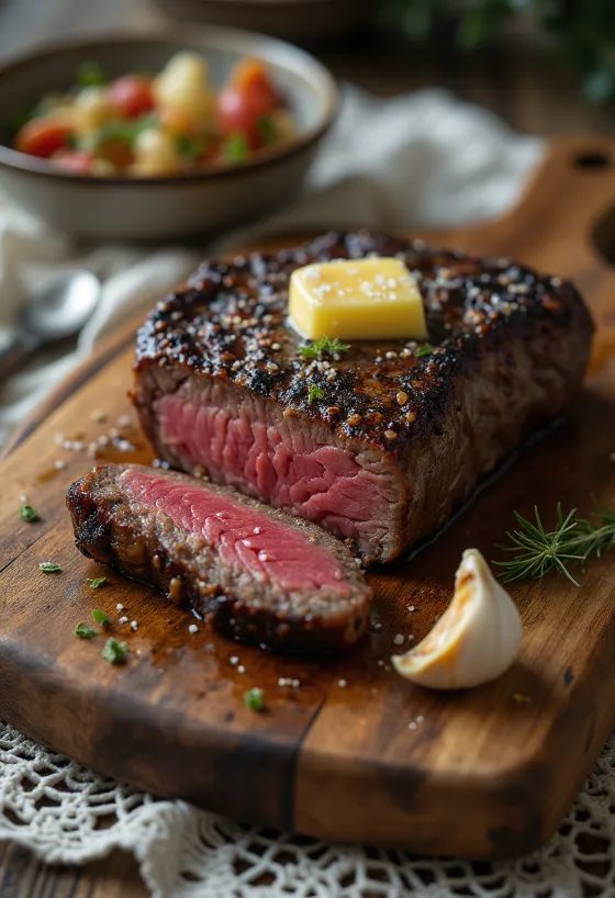 Steak de koudou servi avec des quartiers de citron et des légumes.