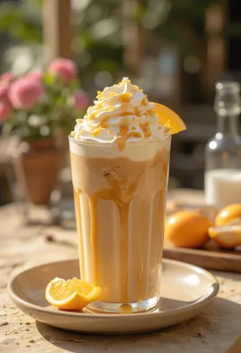 Boisson café frappé orange-caramel décorée de chantilly et de zeste d'orange