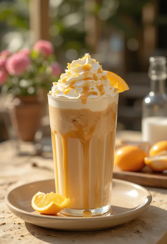 Boisson café frappé orange-caramel décorée de chantilly et de zeste d'orange