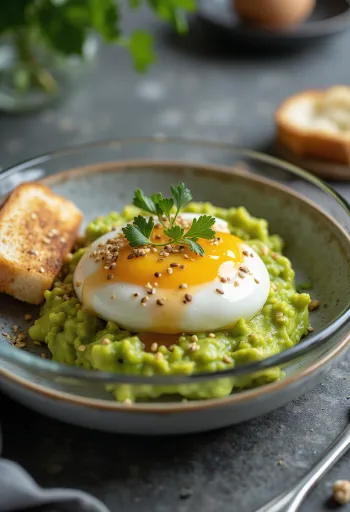Onsen Tamago avec avocat, servi dans un bol, décoré de purée d'avocat et de coriandre