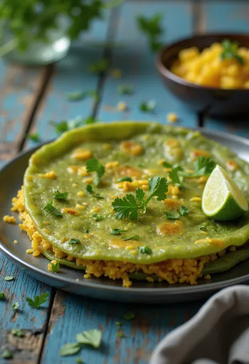 Pesarattu à l'upma, décoré de coriandre fraîche et citron vert, saveurs riches