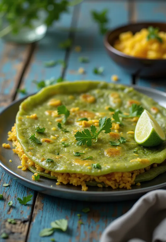 Pesarattu à l'upma, décoré de coriandre fraîche et citron vert, saveurs riches