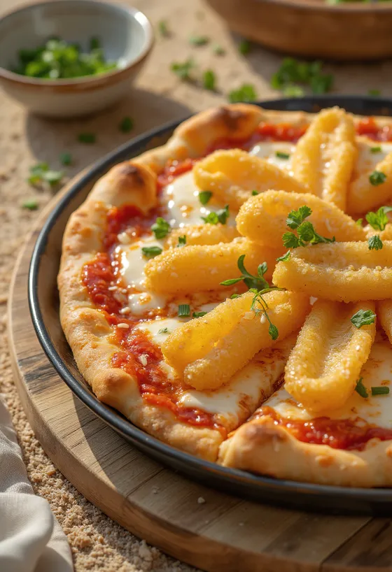 Pizza japonaise aux légumes tempura servie