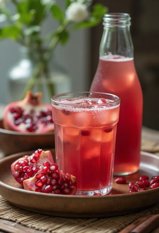 Kombucha probiotique à la grenade dans des verres, boisson rosée avec des grains frais