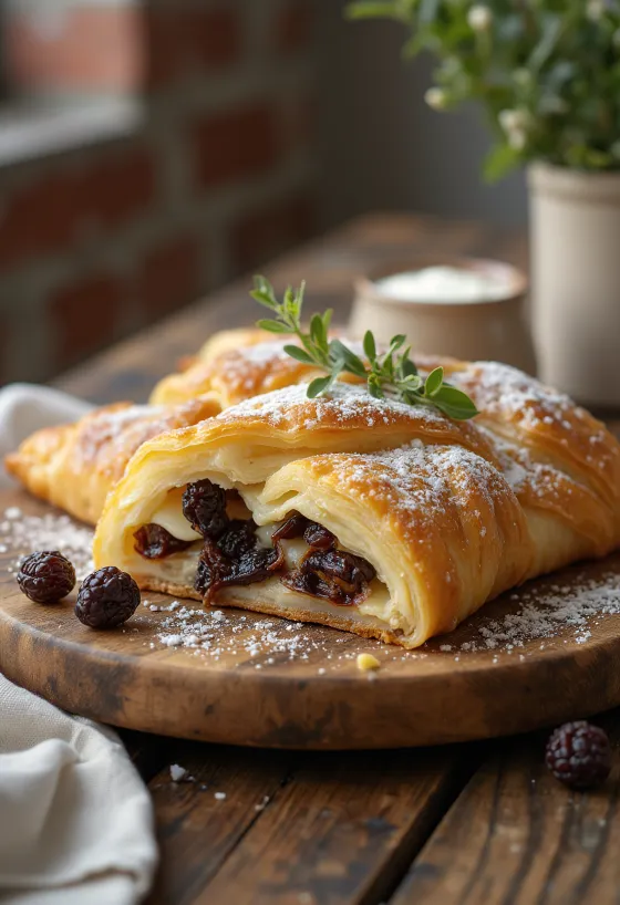 Strudel au fromage blanc et raisins secs servi saupoudrés de sucre glace