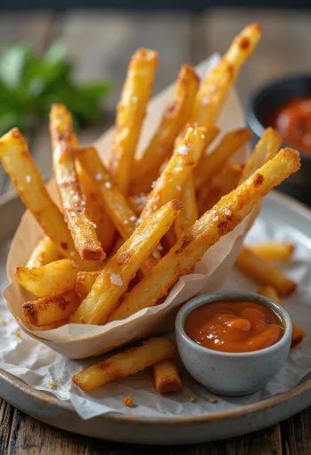Frites de céleri-rave rôties dorées, saupoudrées de persil frais.
