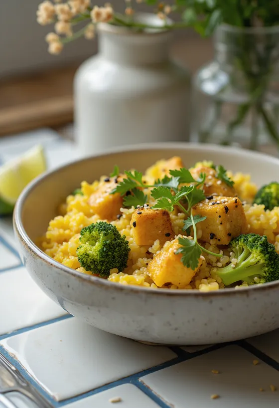 Curry de quinoa au brocoli et tofu