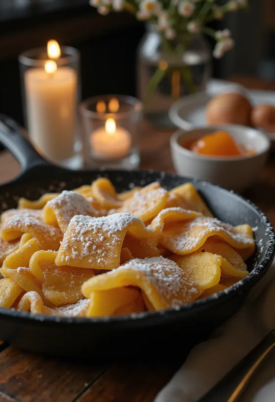 Kaiserschmarrn classique doré, saupoudré de sucre glace et servi avec confiture.