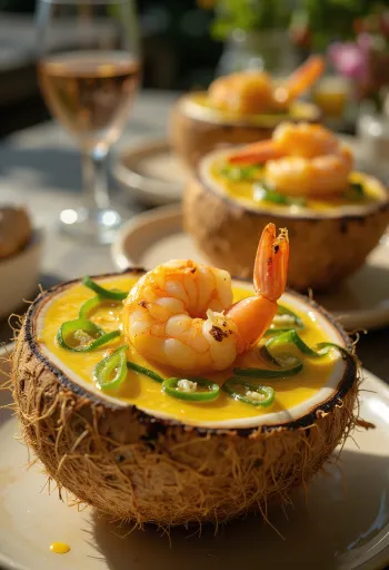 Daab chingri au piment vert – crevettes étuvées en sauce moutarde servies dans une noix de coco