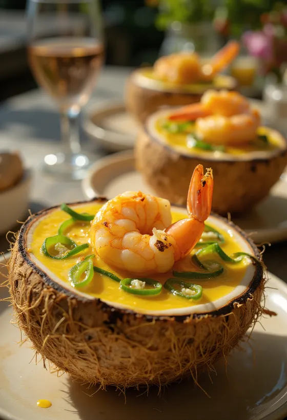 Daab chingri au piment vert – crevettes étuvées en sauce moutarde servies dans une noix de coco