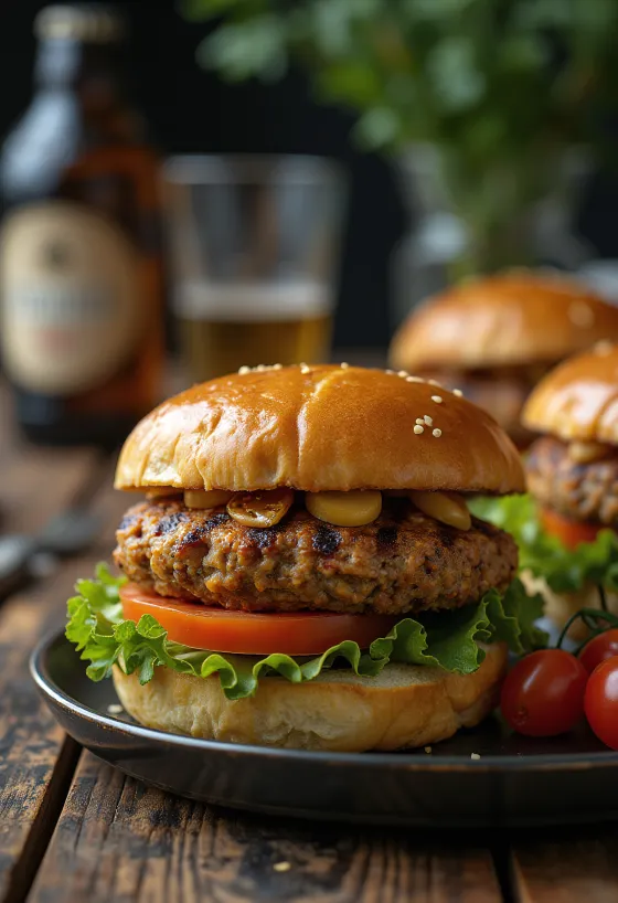 Burgers de lentilles et viande hachée grillés, servis avec légumes frais et sauces