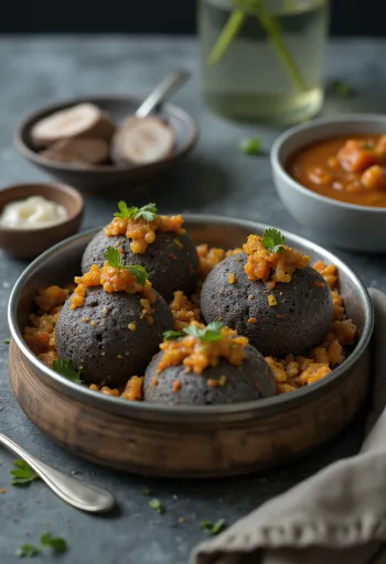 Idli au ragi, servi avec coriandre fraîche et feuille de curry