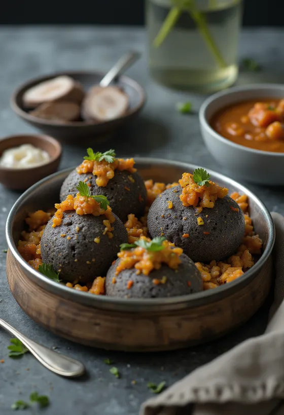 Idli au ragi, servi avec coriandre fraîche et feuille de curry
