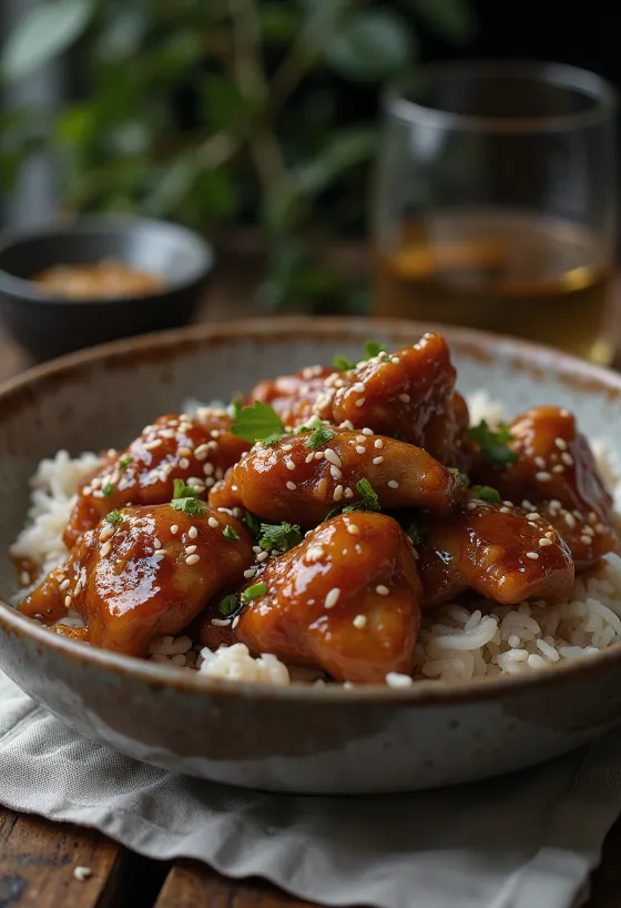 Poulet au miel rôti doré, saupoudré de graines de sésame et d'herbes fraîches