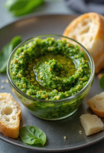 Pesto aux épinards et graines de tournesol servi frais