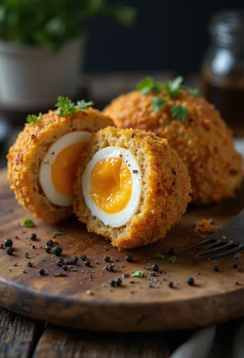 Œuf écossais au panko, panure croustillante, intérieur œuf
