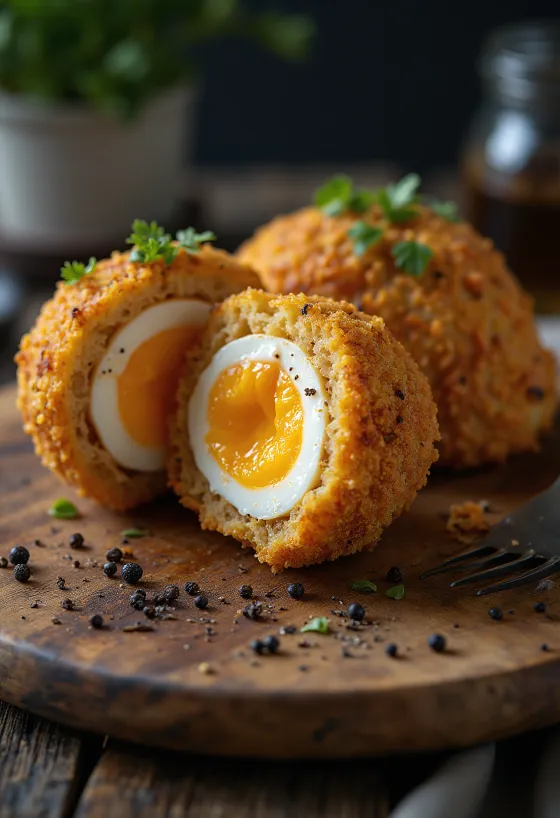 Œuf écossais au panko, panure croustillante, intérieur œuf
