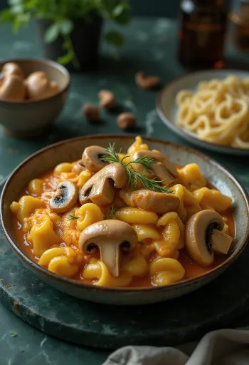 Paprikash de champignons crémeux servi avec du persil frais et des spätzles