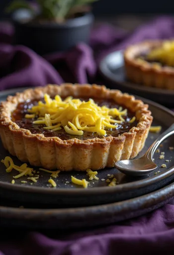 Treacle tart vegan, tarte de couleur brun doré, tranchée et servie
