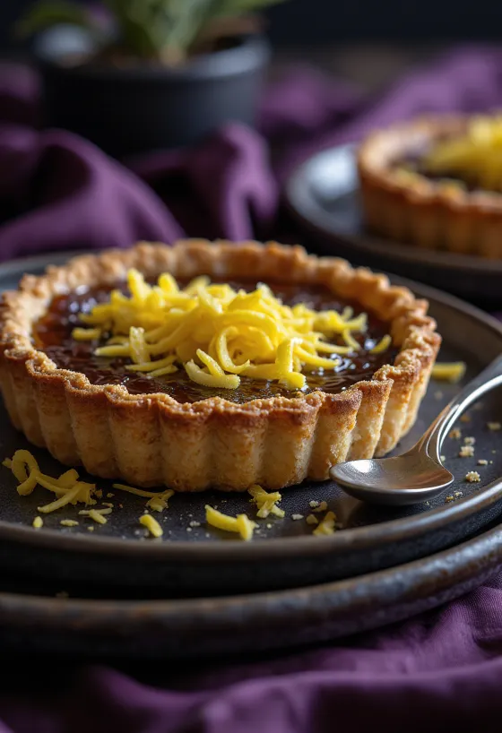 Treacle tart vegan, tarte de couleur brun doré, tranchée et servie